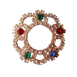Vintage Rhinestone Wreath Brooch Multicolor Mid Century Sparkle Pin